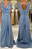 Cowl Neck Misty Blue Chiffon A-line Long Bridesmaid Dresses