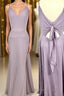 Straps Purple A-line Long Bridesmaid Dresses with Tie Back