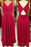 Ruched Red V Neck A-line Long Bridesmaid Dresses