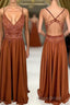 Rust Orange Lace and Chiffon A-line Long Bridesmaid Dresses