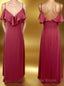 Straps Wine Red Chiffon Flounce Long Bridesmaid Dresses