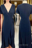 Short Sleeves Navy Blue Chiffon A-line Long Bridesmaid Dresses