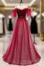 Red A-Line Floor Length Off Shoulder Long Formal Prom Dresses, Red Long Formal Dresses