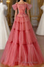 Red Aline Tulle Long Formal Prom Dresses, Red Tulle Formal Graduation Dresses With Beading Sequin