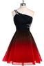 Red And Black One Shoulder Chiffon Beaded Homecoming Dresses, Gradient Short Formal Prom Dresses