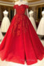 Red Ball Gown Off-the-Shoulder Sleeveless Court Train Tulle Formal Prom Dresses With Pleated Appliqued