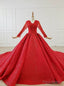 Red Ball Gown Tulle Sequins V-neck Long Sleeve Wedding Dress With Train