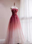 Red Beaded Gradient Tulle Long Party Dresses, A-Line Elegant Lace-Up Formal Prom Dresses