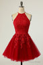 Red Homecoming Dresses Halter Sleeveless Applique A-Line Mini Prom Dresses