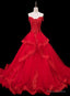 Red Lace and Tulle Gorgeous Off Shoulder Princess Sweet 16 Dress, Red Formal Gown