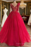 Red Long Sleeve V Neck Beading Flower Tulle Formal Prom Formal Dresses