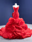 Red Mermaid Organza Strapless Pleats Prom Dress