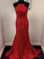 Red Mermaid Sequins Halter Backless Prom Dresses