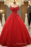 Red Off Shoulder Long Party Dresses, A-Line Tulle Formal Dresses Formal Gown