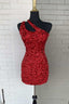Red One Shoulder Cutout Short Homecoming Gown Sequined Cocktail Dress