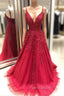 Red Formal Prom Dresses, A-line/Princess V Neck Sleeveless Sweep Train Tulle Formal Prom Dresses With Appliqued