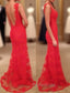 Red Formal Prom Dresses, Sheath/Column V Neck Sleeveless Sweep Train Lace Formal Prom Dresses With Appliqued