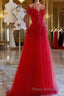 Red round neck tulle lace long Formal Prom dress, red evening dress