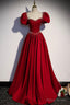 Red Satin Long Prom Dress, Cute Short Sleeve Evening Graduation Dress