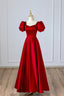 Red Satin Long Prom Dress, Simple A-Line Short Sleeve Evening Party Dress