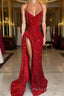 Red Sequins Formal Prom Dress High Slit Halter Sleeveless Sparkly Long Party Evening Dresses for Black Girls