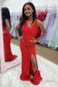 Red Sequins V Neck Prom Dress with Slit