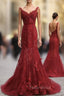 Red V Neck Lace Mermaid Long Formal Prom Dresses, Red Evening Dresses