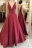 Red V Neck Satin Long Formal Prom Dresses, Red Formal Dresses