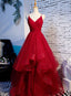Red V-Neckline Tulle Straps Long Formal Dresses, Red Layers Formal Prom Dresses