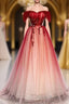 Red Off the Shoulder Long Tulle Formal Prom Dresses with Beading, Party Gown with Sequins