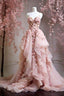 Retro Ball Gown Spaghetti Straps Pink Floral Tulle Formal Evening Dresses Formal Prom Dresses