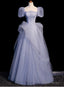 Romance Blue Tulle Sequins Puff Sleeve Beading Prom Dress