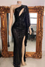 Romantic Black One Shoulder Mermaid Prom Dresses Sheath Long With High Split