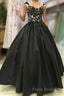 Round Neck Black Lace Floral Long Formal Prom Dress, Black Lace Formal Dress with Appliques, Black Evening Dress
