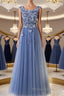 Round Neck Blue Lace Floral Long Formal Prom Dresses, Blue Lace Long Formal Evening Dresses