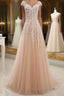 Round Neck Pink Lace Formal Prom Dresses, Pink Lace Formal Evening Dresses