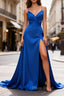 Royal Blue A Line Spaghetti Straps Satin Formal Prom Dresses with Slit