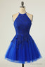 Royal Blue Homecoming Dresses Halter Sleeveless Applique A-Line Mini Prom Dresses