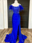 Royal Blue Mermaid Crystal Feather Prom Dress