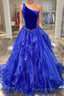 Royal Blue Formal Prom Dress A Line One Shoulder Long Party Evening Dress with Beading