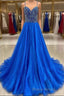 Royal Blue Formal Prom Dress A Line Spaghetti Straps Long Party Evening Dress with Beading