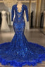 Royal Blue Robe De Soiree Mermaid V-Neck Long Sleeves Appliques Feather Long Formal Prom Dresses Formal Prom Gown Evening Dresses
