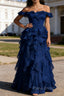 Royal Blue Ruffled A-Line Square Neck Long Prom Dress