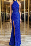 Royal Blue Sequin Halter Long Formal Dress with Slit Formal Prom Dresses