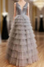 Ruffles Tulle V Neck Gray Sequin Long Formal Prom Dresses