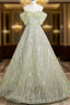 Sage A-Line Off The Shoulder Glittering Tulle Sequins Long Formal Prom Dresses Sweet 16 Dresses