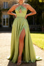 Sage Green A Line Satin Corset Keyhole Long Prom Dresss with Slit