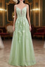 Sage Green Long Formal Prom Dresses Lace Appliques V Neck Lace-Up
