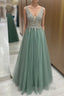 Sage Green Tulle V Neck Beaded Dresses