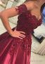 Satin Court Train A-Line/Princess Sleeveless Off-The-Shoulder Prom Dresses With Appliqued